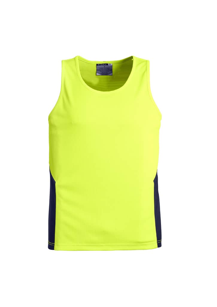 A bright yellow hi-vis singlet featuring navy side panels and a logo. Ideal for workwear.