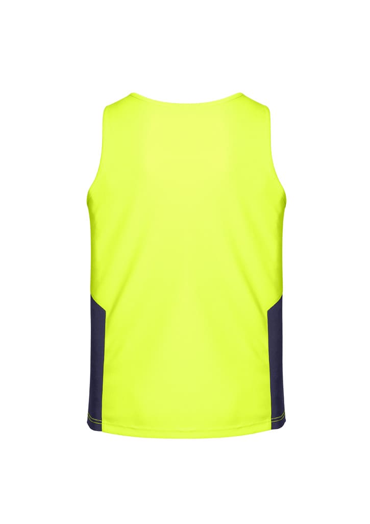 A high visibility sleeveless singlet in bright yellow with navy side panels. Features branding on the fabric.