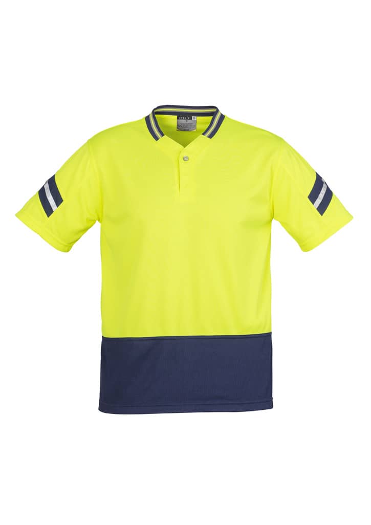 A high-visibility yellow short sleeve polo shirt with navy accents and stripes. It features a logo on the chest.