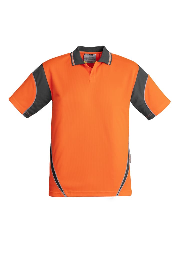A short sleeve polo shirt in bright orange with black accents and a logo. Suitable for workwear applications.