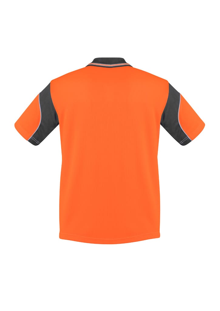 A short sleeve polo shirt in high visibility orange with black accents and a logo.