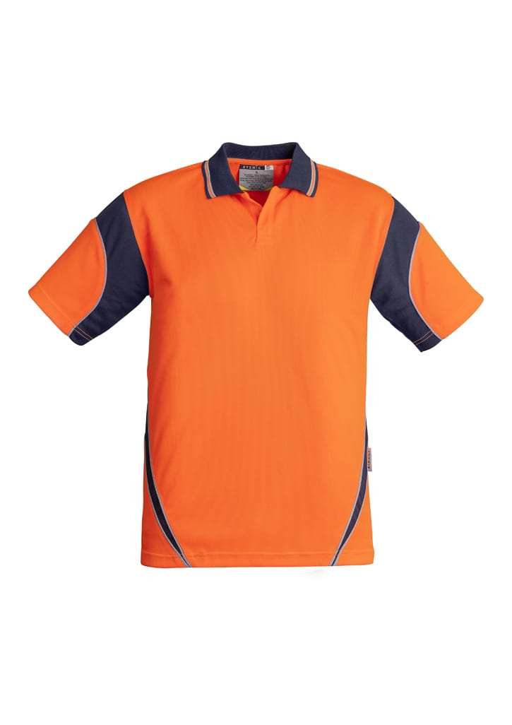An orange short sleeve polo shirt with navy accents and a branding logo. Suitable for workwear.