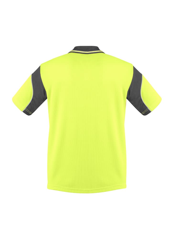 A high visibility short sleeve polo shirt in bright yellow with grey accents and a branded logo.