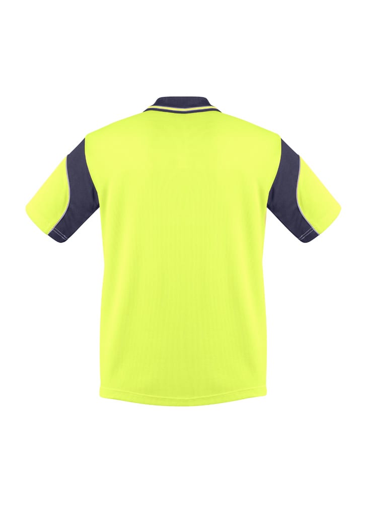 A short sleeve polo shirt in high visibility yellow with navy blue accents and a logo on the chest.