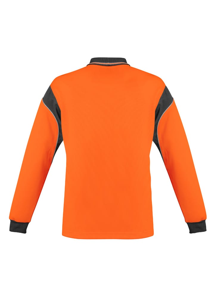 An orange long sleeve polo shirt featuring grey accents and a logo on the chest.