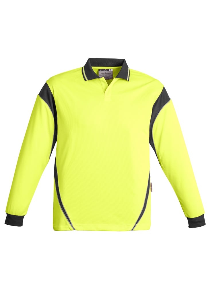 A long sleeve polo shirt in bright yellow with black accents and a logo on the chest. Suitable for workwear.