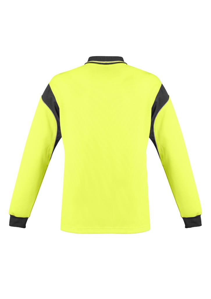A long sleeve polo in hi-vis yellow with black accents and a collar. It features a logo on the front.