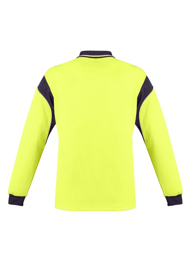 A long sleeve polo shirt in high visibility yellow with navy blue accents and a logo on the chest.