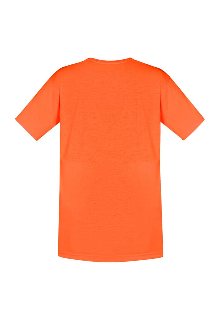 An orange hi-vis work t-shirt featuring short sleeves and a plain back. It includes branding elements.