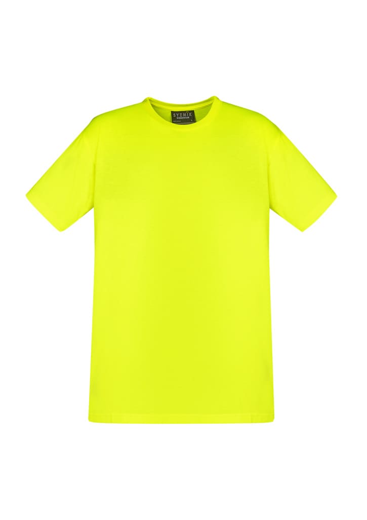 A men's high visibility t-shirt in bright yellow, featuring a logo on the label. Ideal for workwear.