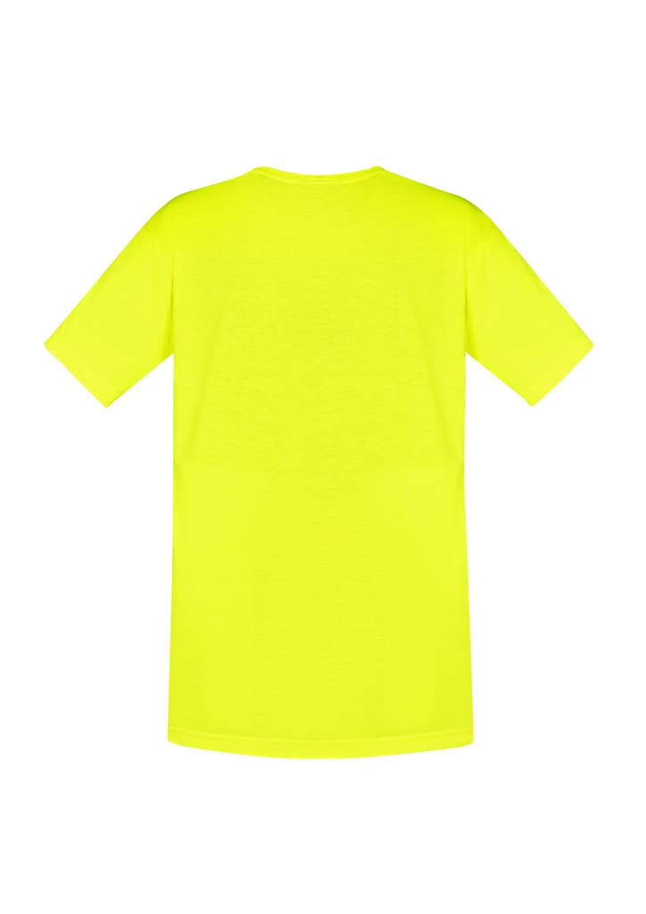 A bright yellow men's hi-vis T-shirt with short sleeves and a plain back. Features a logo.