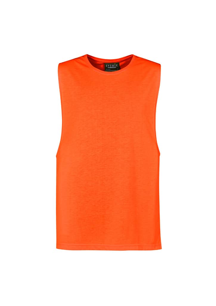 A sleeveless tee in bright orange with a logo, designed for workwear use.