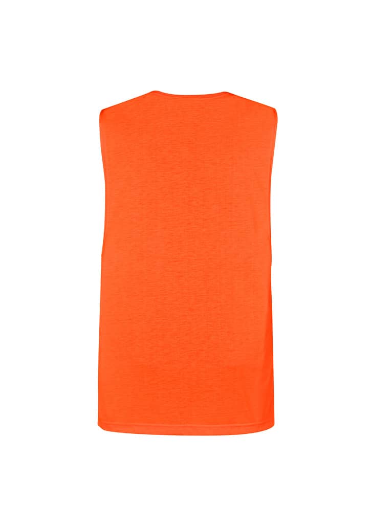 A bright orange sleeveless work tee with a plain back and a logo on the upper corner.