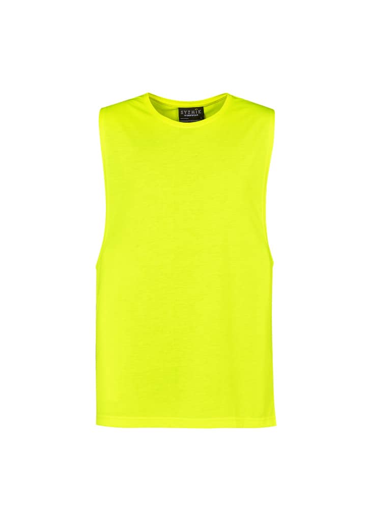 A bright yellow sleeveless tee with a rounded neckline and a logo on the label. Suitable for workwear.