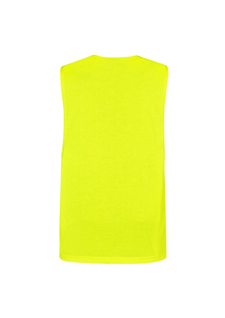 A bright yellow sleeveless tee designed for workwear, featuring a plain back and a logo.