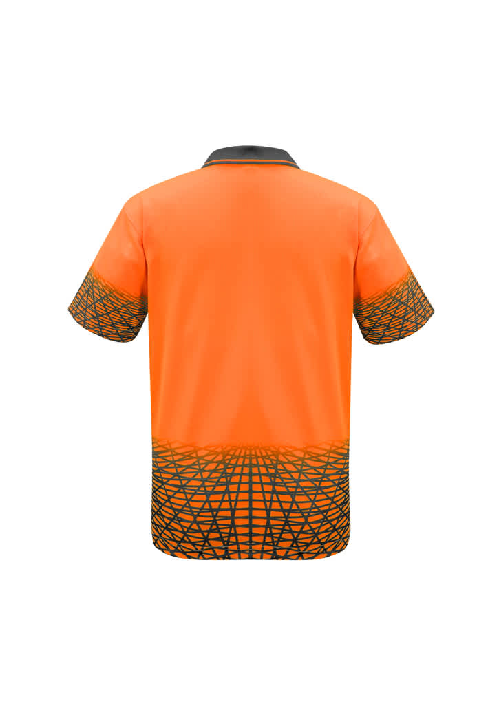 A short sleeve polo in bright orange with a geometric pattern on the lower half and a collar. Features a logo.