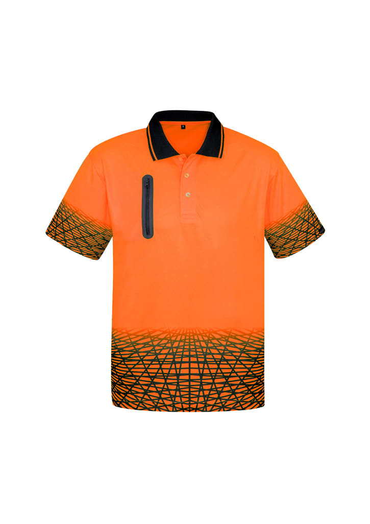 A bright orange short sleeve polo shirt with a contrasting black collar and geometric design on the bottom, featuring a pocket.