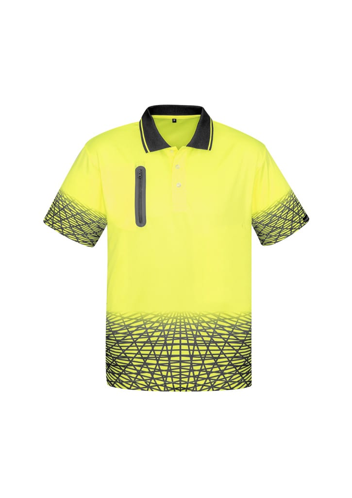 A bright yellow short-sleeve polo shirt featuring a patterned design at the hem and a zip pocket on the chest.