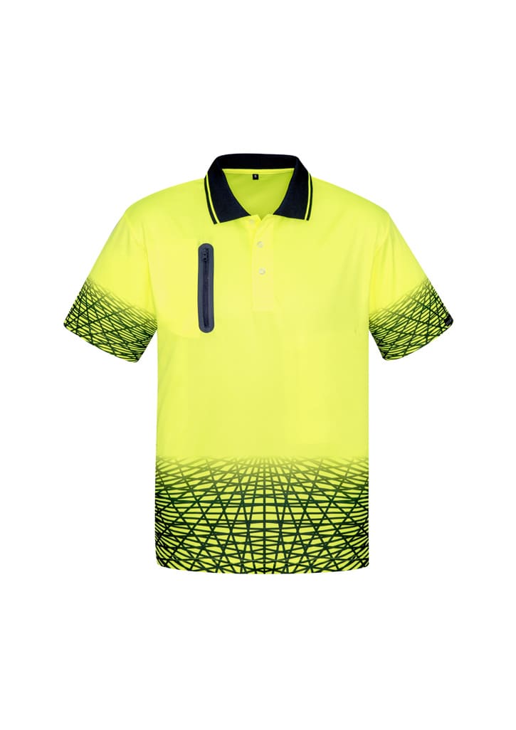 A bright yellow hi-vis short sleeve polo shirt with a gradient design and a pocket, featuring a logo.