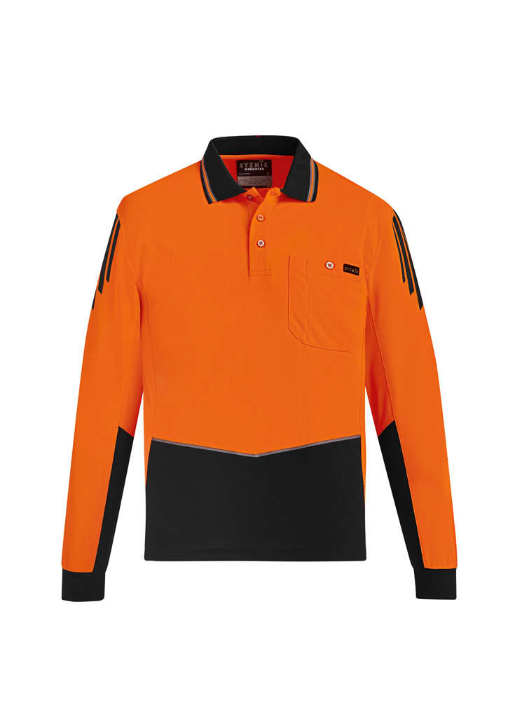 A long sleeve polo in high visibility orange and black, featuring a pocket and logo branding.