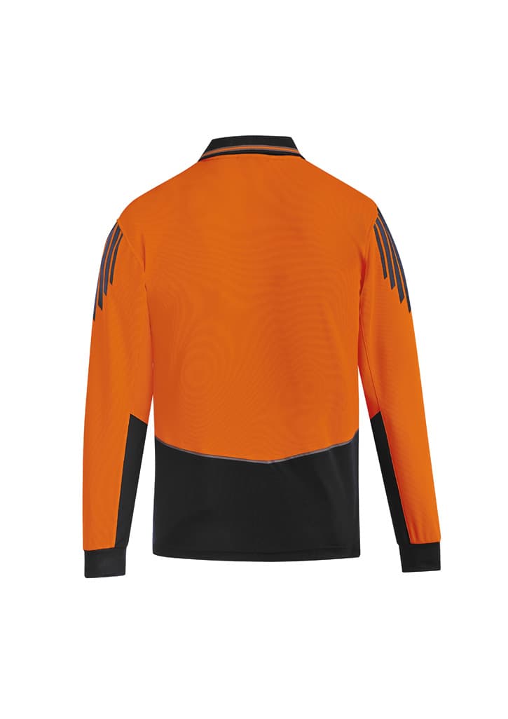 A long sleeve polo in hi-vis orange and black, featuring reflective detailing and a branded logo.