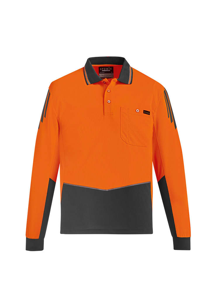 A long sleeve polo in bright orange with grey detailing, featuring a pocket and a logo.