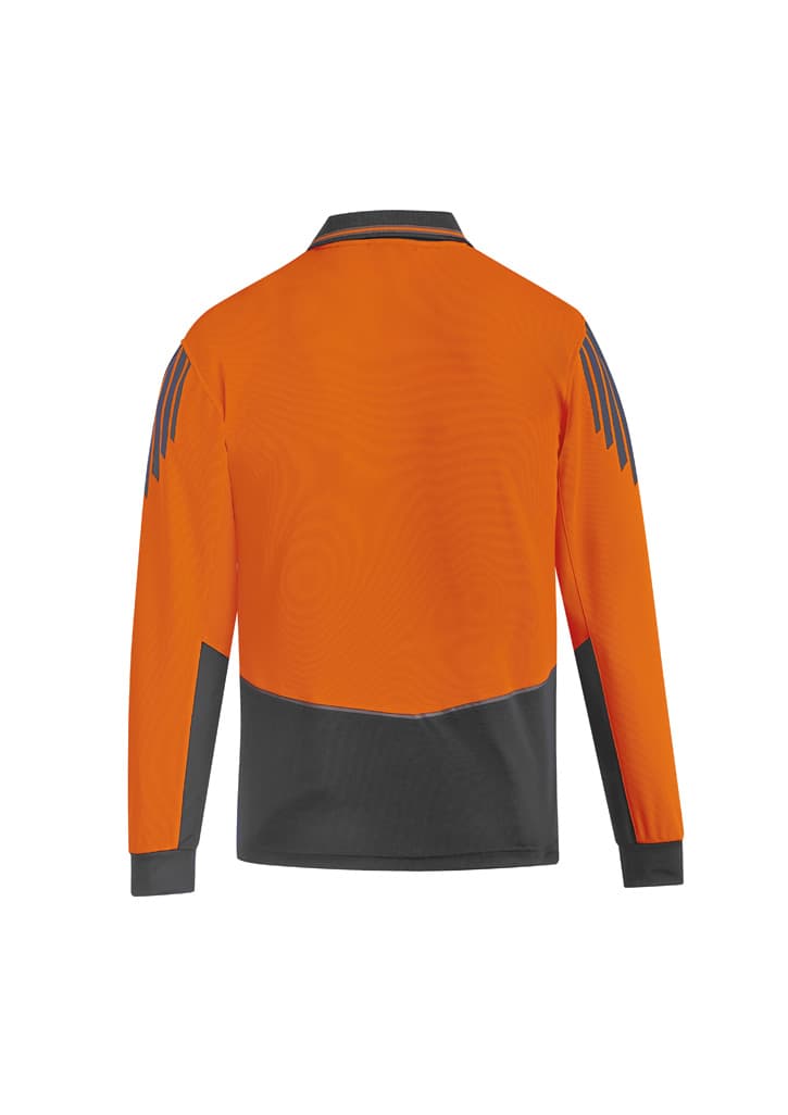 An orange long sleeve polo shirt with grey accents and reflective features, designed for safety wear.