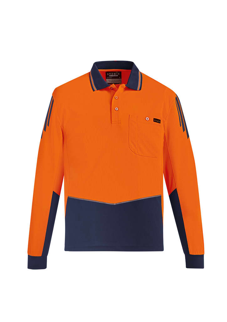 A long sleeve polo in high-visibility orange and navy blue, featuring a chest pocket and logo.