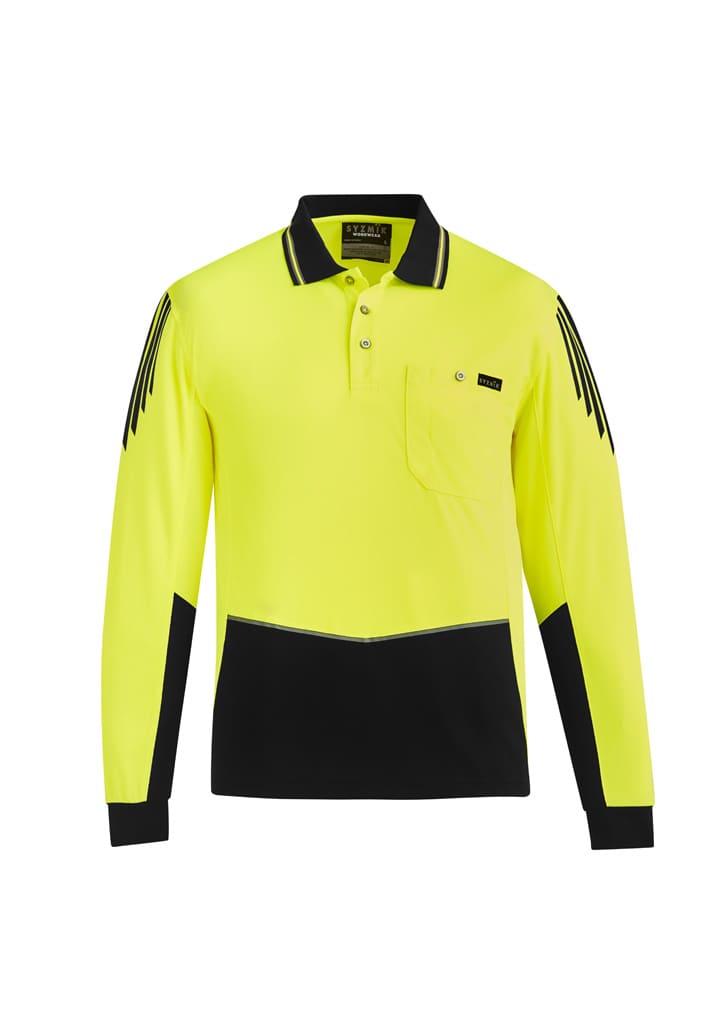 A long-sleeve polo in fluorescent yellow and black, featuring a pocket and a logo.