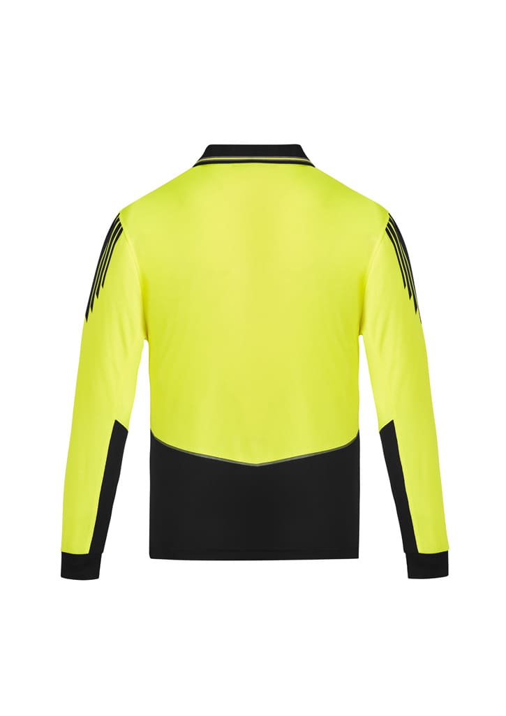A bright yellow long sleeve polo with black accents and a logo on the back, designed for safety wear.