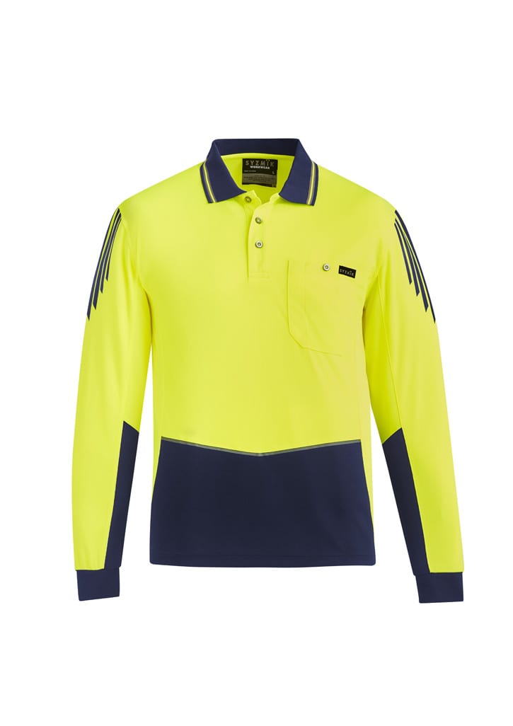 A long sleeve polo in high visibility yellow and navy, featuring a pocket and branding.