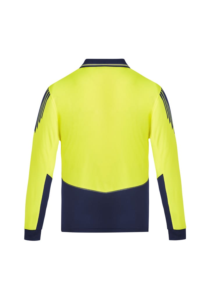 A long-sleeve polo featuring high visibility yellow with navy accents and a branding logo.
