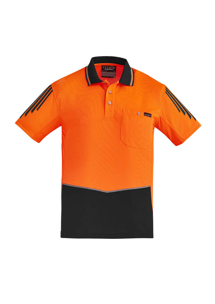 Men's short sleeve polo shirt in bright orange and black, featuring a pocket and logo on the chest.