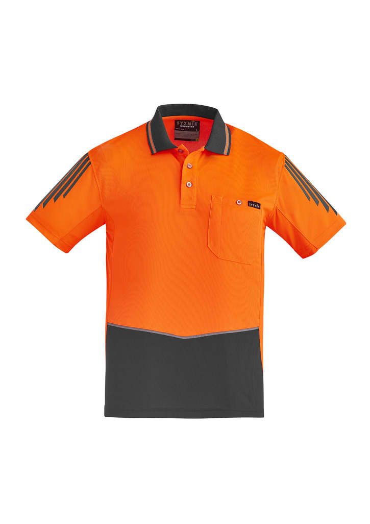 Hi Vis short sleeve polo shirt in orange and grey, featuring a pocket and a logo on the chest.