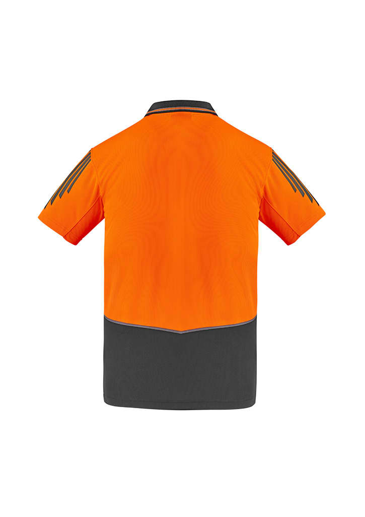 Men's short sleeve polo in high visibility orange and grey, featuring shoulder detailing and a logo.