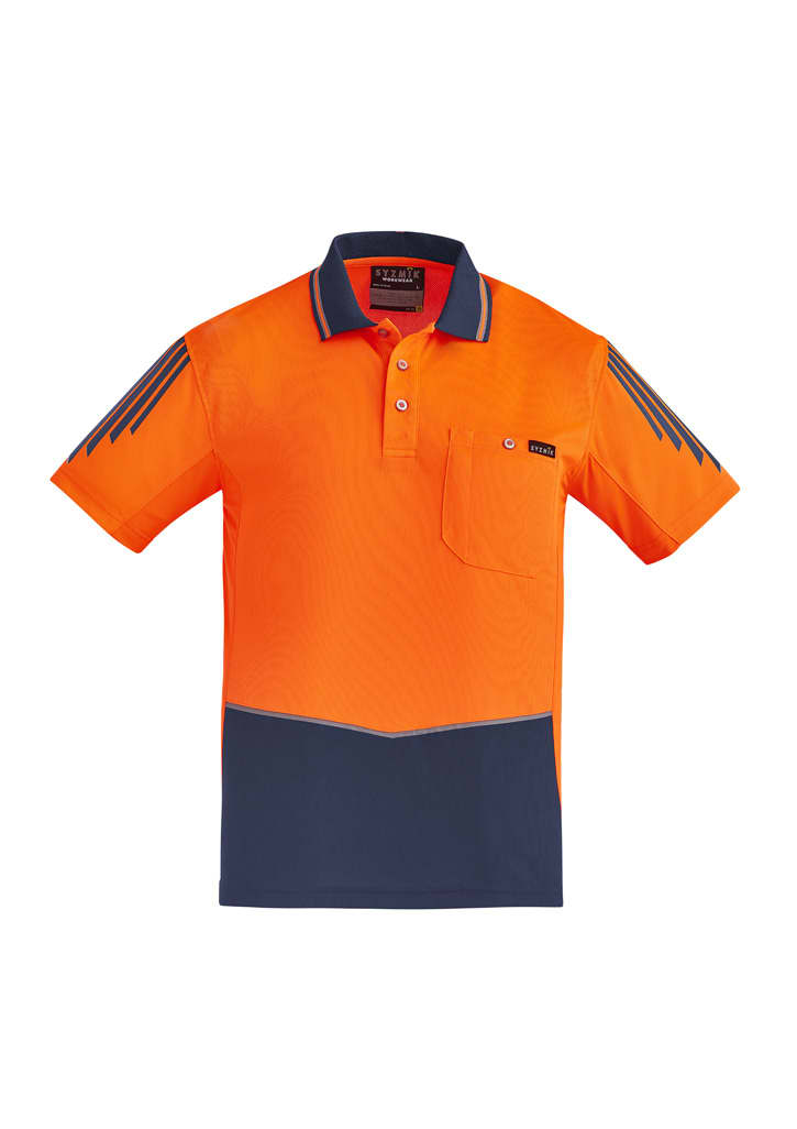 A bright orange short sleeve polo shirt with navy accents and a logo, designed for workwear.