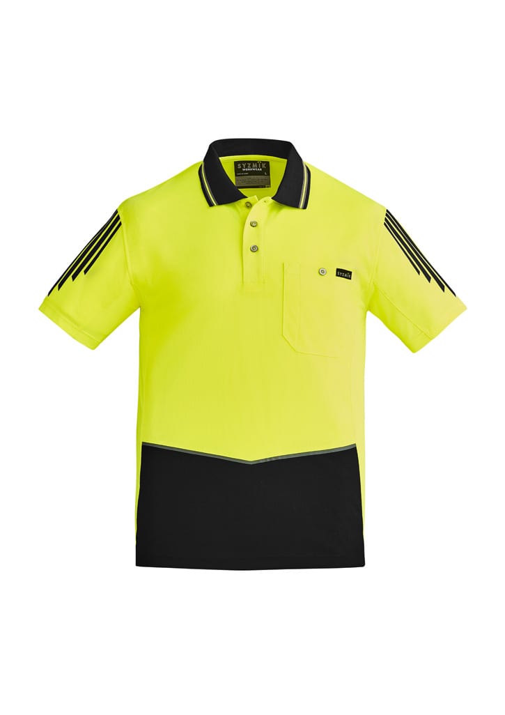 A short sleeve polo shirt in high visibility yellow with black accents and a logo on the chest.