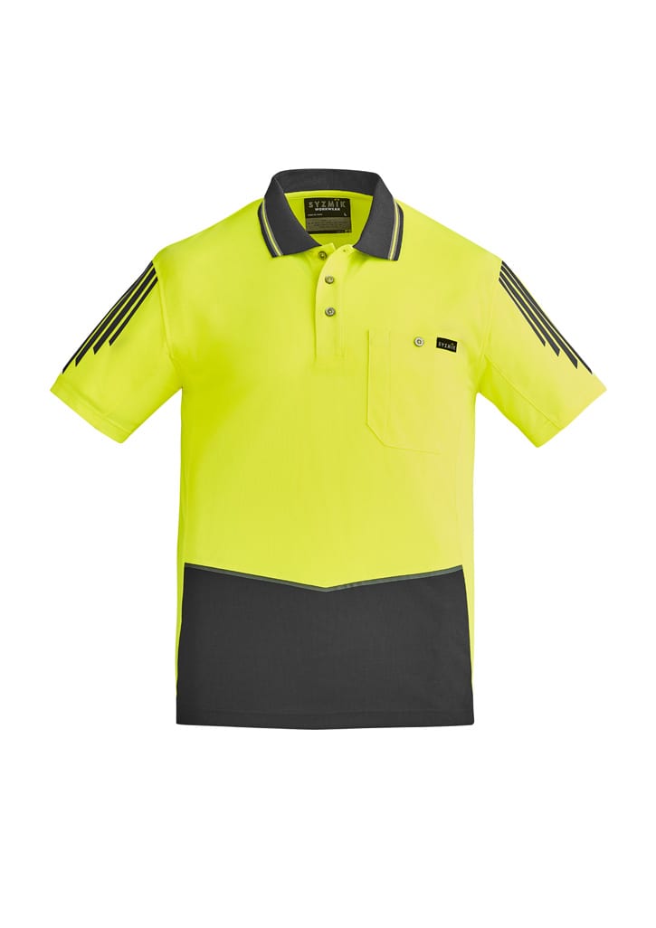 Hi-vis short sleeve polo shirt in bright yellow with black detailing and a pocket. Features a logo on the fabric.