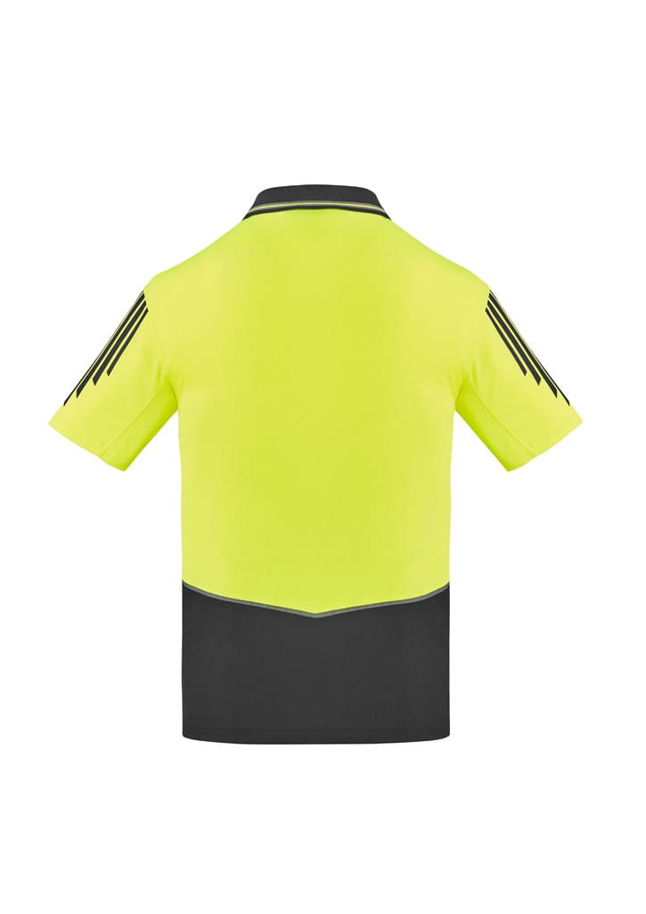 A high-visibility short sleeve polo in bright yellow with black detailing and a logo.