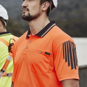 An orange short sleeve polo shirt featuring a logo and black striped design, worn by a man in a hard hat.