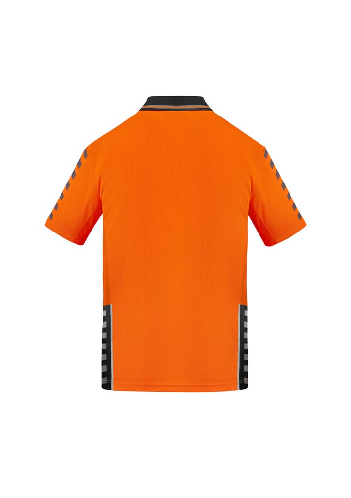 An orange short sleeve polo shirt featuring black accents and a logo on the front.
