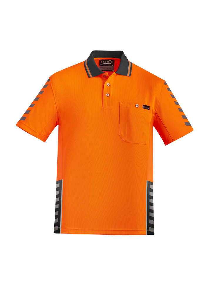 A short sleeve polo in high visibility orange with grey accents and a pocket. Features branding on the chest.