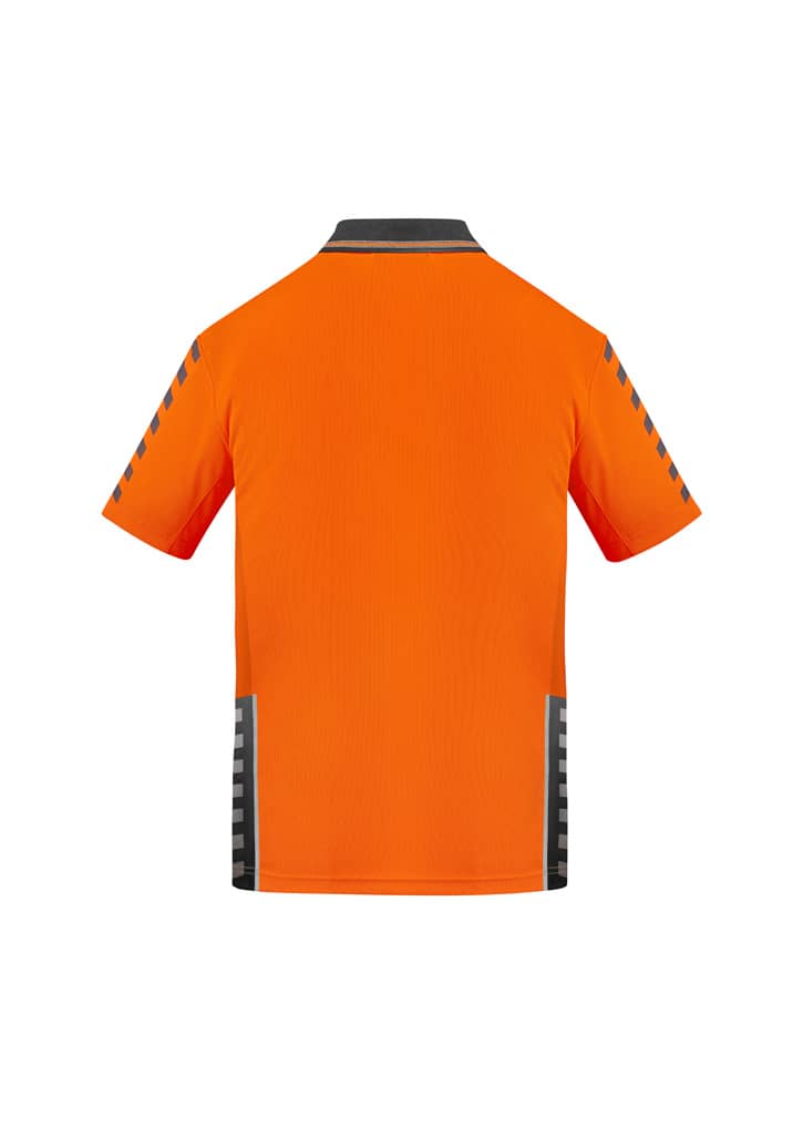 An orange short sleeve polo shirt with a logo, featuring black detailing on the shoulders and sides.