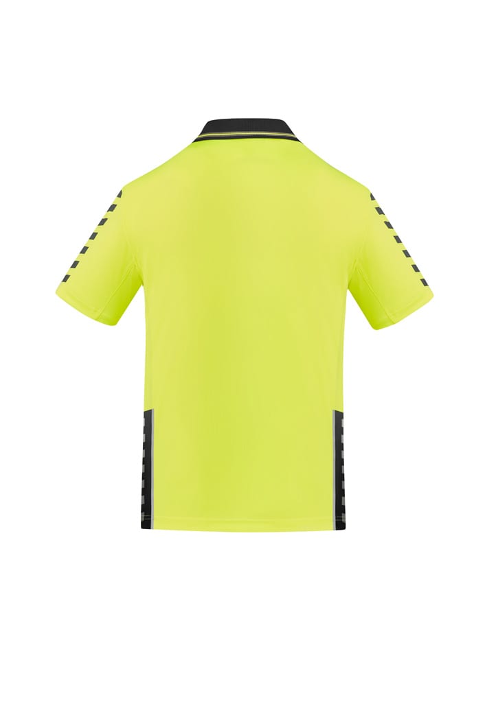 A bright yellow short sleeve polo shirt designed for workwear, featuring black detailing and a logo.