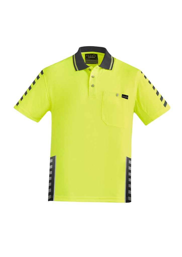 A bright yellow short sleeve polo shirt with black accents and a pocket, featuring a logo on the chest.