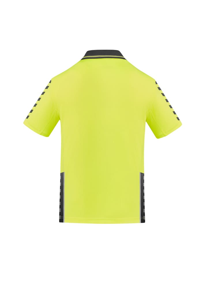 A hi-vis yellow short sleeve polo shirt with dark grey accents and a logo. Back view displayed.