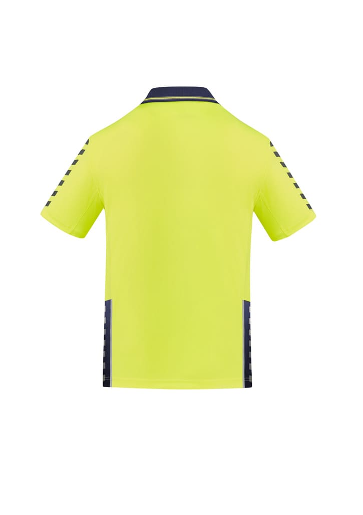 A men's short sleeve polo in hi-vis yellow with navy accents and a logo on the front. Suitable for workwear.
