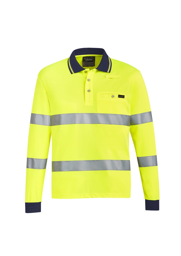 A bright yellow unisex polo shirt with reflective tape and navy accents, featuring a logo on the front.