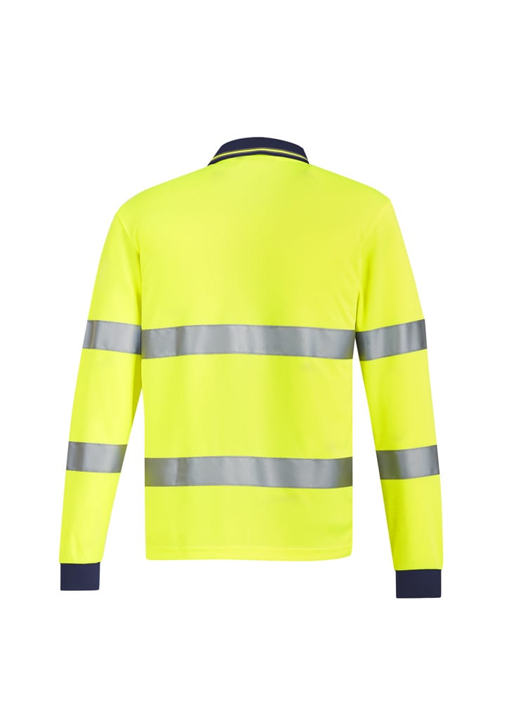 A bright yellow unisex polo shirt with silver reflective tape, featuring long sleeves and a navy collar.