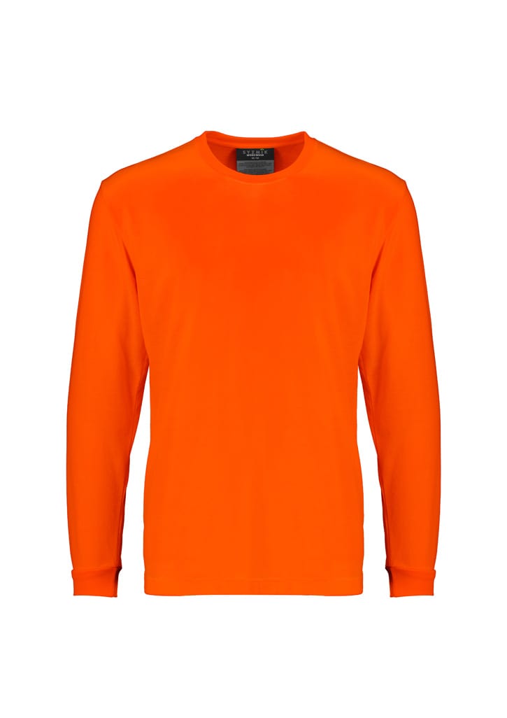 An orange long sleeve tee with a round neck, featuring a logo on the label. Ideal for safety wear.